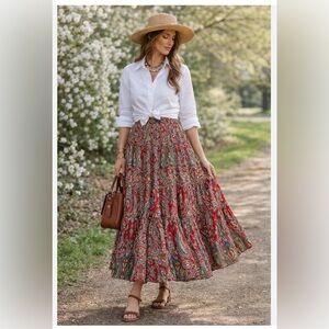Lauren Ralph Lauren Red Paisley Tiered Skirt
